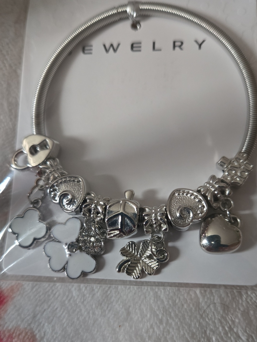 Silver Charm Bracelet with Hearts, Clover & Flower Charms - Women's Jewelry